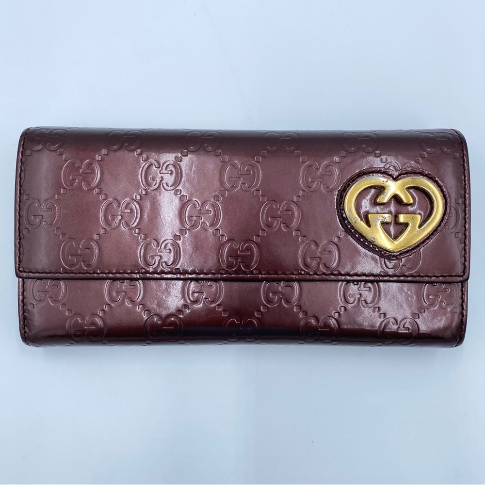 GUCCI Patent Guccissima Lovely Heart Continental Wallet Bordeaux